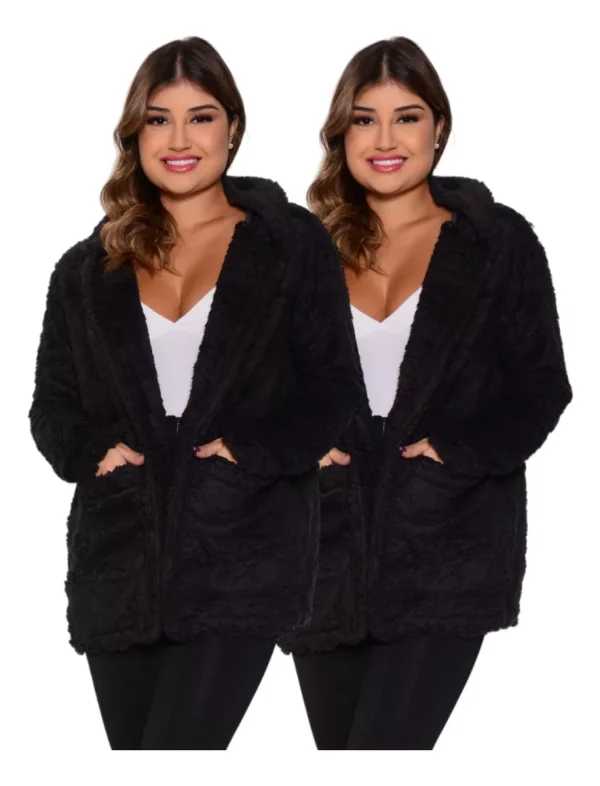 Kit 02 Casacos Sobretudo Capuz Teddy Feminino Moda Inverno